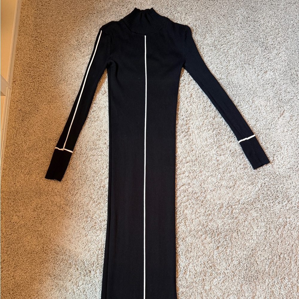 Zara Black Ribbed Turtleneck Dress with White Piping